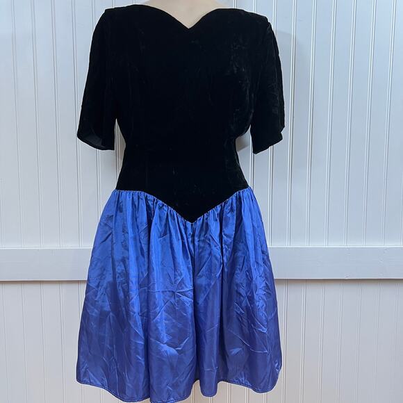 Vintage Jessica McClintock Gunne Sax Black Velvet Blue Prom Cocktail Party Dress - Picture 2 of 10